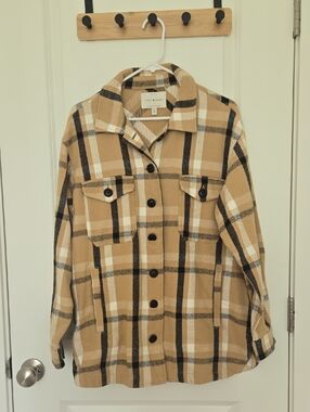 Lucky Brand Tan Black and Cream Plaid Utility Shacket